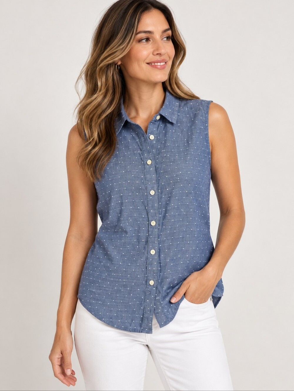Van Heusen Blue Chambray Polka Dot Sleeveless Button Down Shirt Size L